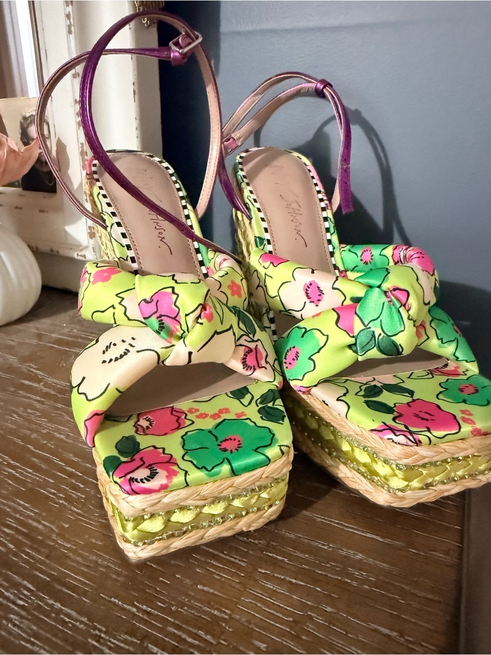 Betsey Johnson Lime Green Floral Platform Wedge Sandals with Pink Accents